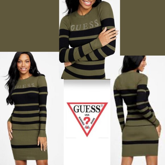 NWOT Guess Logo Rhinestone Ribbed Sweater Dress (Size M) - Picture 1 of 13